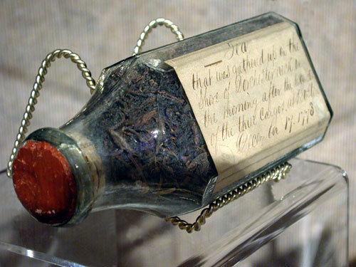 minutemanworld: Tea leaves collected from Boston harbor the morning after the Boston Tea Party.  Label reads: “Tea that was gathered up on the Shore of Dorchester Neck on the morning after the destruction of the three Cargos at Boston December 17,