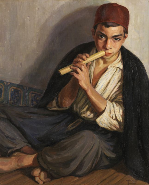 L. Monard (19th-20th century), Jeune oriental à la flûte. Oil on canvas, 72.5 x 60.2 cm.