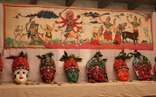 The sacred masks of Bhaktapur&rsquo;s patron goddess Navadurga, being exhibited in yaachhen tole of 