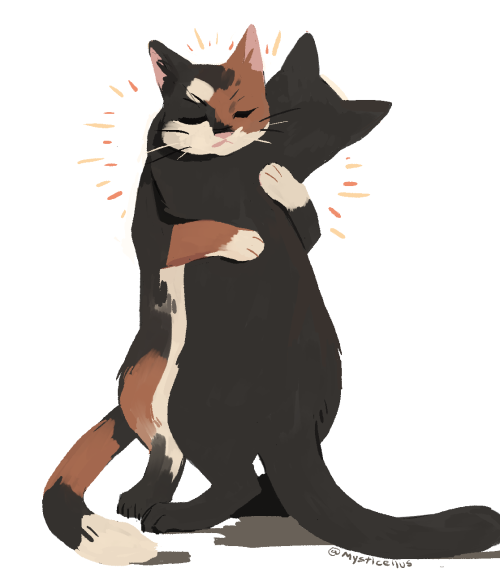 mysticellus:

[id: a digital drawing of two cats hugging. they look happy and warm. end id] 