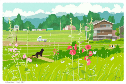 猫好きイラストレーター「もり としのり」が描く〜四季を旅する猫〜『たびねこ』のイラスト「初夏の光」です。新潟県小千谷市の「飯山線　越後岩沢駅」近くの山里を旅する猫達を描きました。たびねこminne店に