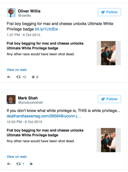writeswrongs: micdotcom: Drunk college bro’s bigoted tirade for mac and cheese is white privil