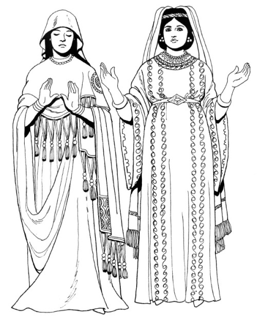 Byzantine fashions1. 4th century Christian in veil, and noblewoman in dalmatic and veil2. 4th centur