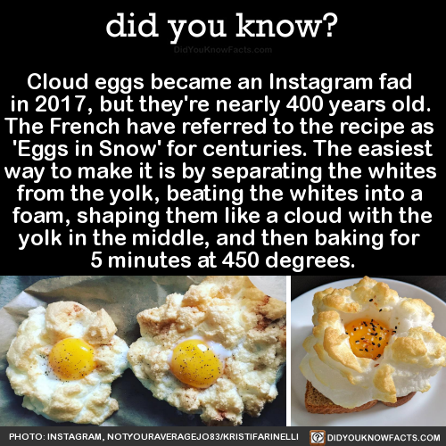 did-you-kno:  Cloud eggs became an Instagram fad  in 2017, but they’re nearly 400 years old.  The French have referred to the recipe as  ‘Eggs in Snow’ for centuries. The easiest way to make it is by separating the whites  from the yolk, beating