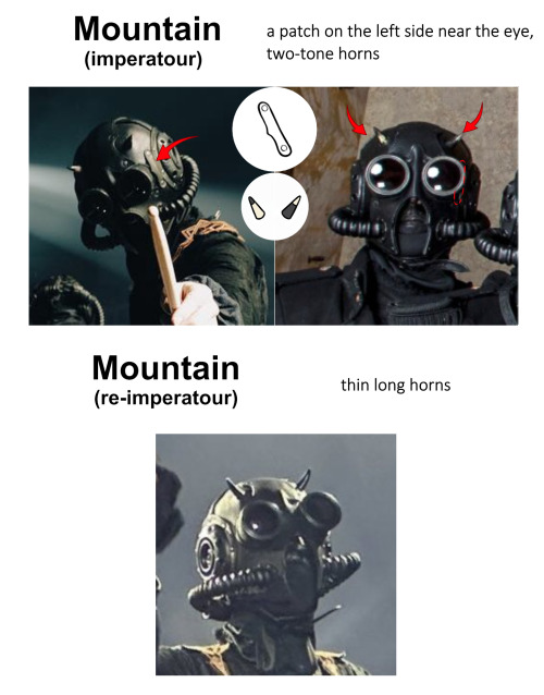 mountain (imperatour) - a rounded patch on the left side of the mask near the eye, two-toned horns
mountain (re-imperatour) - thin long horns