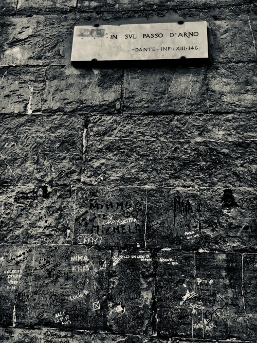 Quote of Dante’s Inferno on the Ponte Vecchio over the Arno.