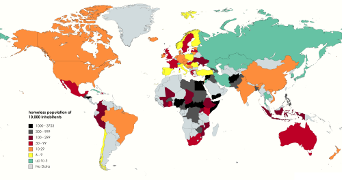 Homelessness by country, data up to 2021.