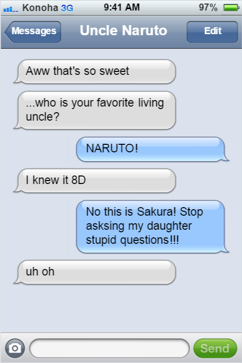 textingninjasofkonoha:  Naruto just wants to be a favorite uncle.