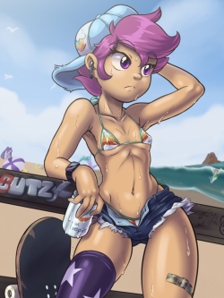 shaxbutt:  Scoots at the beach, probably waiting for her girlfriend(s).Started learning some new tricks with that private project, and decided to do something quick and fun to practice ‘em with before jumping into the next major project!  And thanks