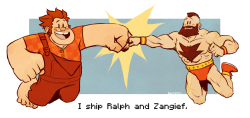 wreckitralphconfessions:  “I ship Ralph and Zangief.” Original art by Kilo-Monster