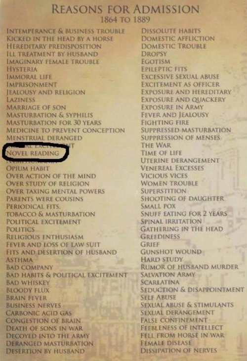 topsecretumbreonage: Reasons to be admitted to an insane asylum from 1864 to 1889 Tag yourself, I&rs
