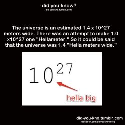 gallifreyan-lovegood:  the-hatred-machine:  did-you-kno:  Source  &ldquo;How large is the universe?&rdquo; &ldquo;Hella&rdquo; &ldquo;How hella?&rdquo; &ldquo;Like 1.4 hella&rdquo; &ldquo;That’s hella&rdquo;  hella 