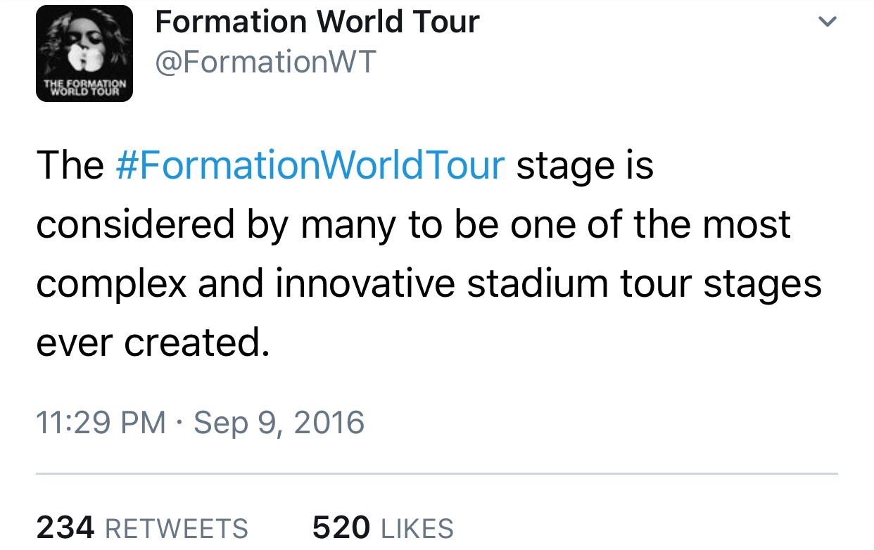 beyhive1992:  According to BBC, the Formation Tour takes …  7 Boeing 747s 90 Trucks