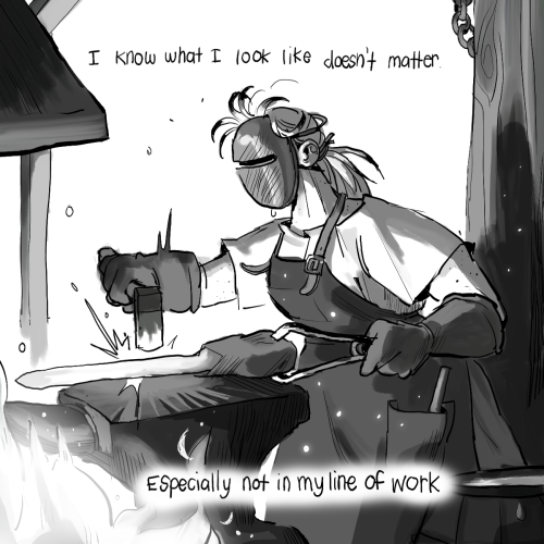 cet-abime:maddiesharafian:A Blacksmith’s Dream [id: a digital comic in black and white. 1