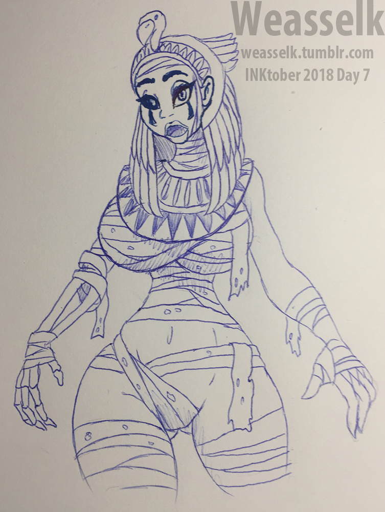 weasselk: Inktober, Day 7.  Ballpoint pen.   Mummy girl, underrated type of monster