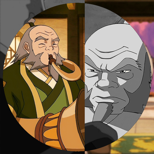 On the left, Iroh in colour wearing earth kingdom robes. He is playing the Tsungi horn with his eyes closed, content. On the right, Iroh in black and white speaking and looking frustrated. 
