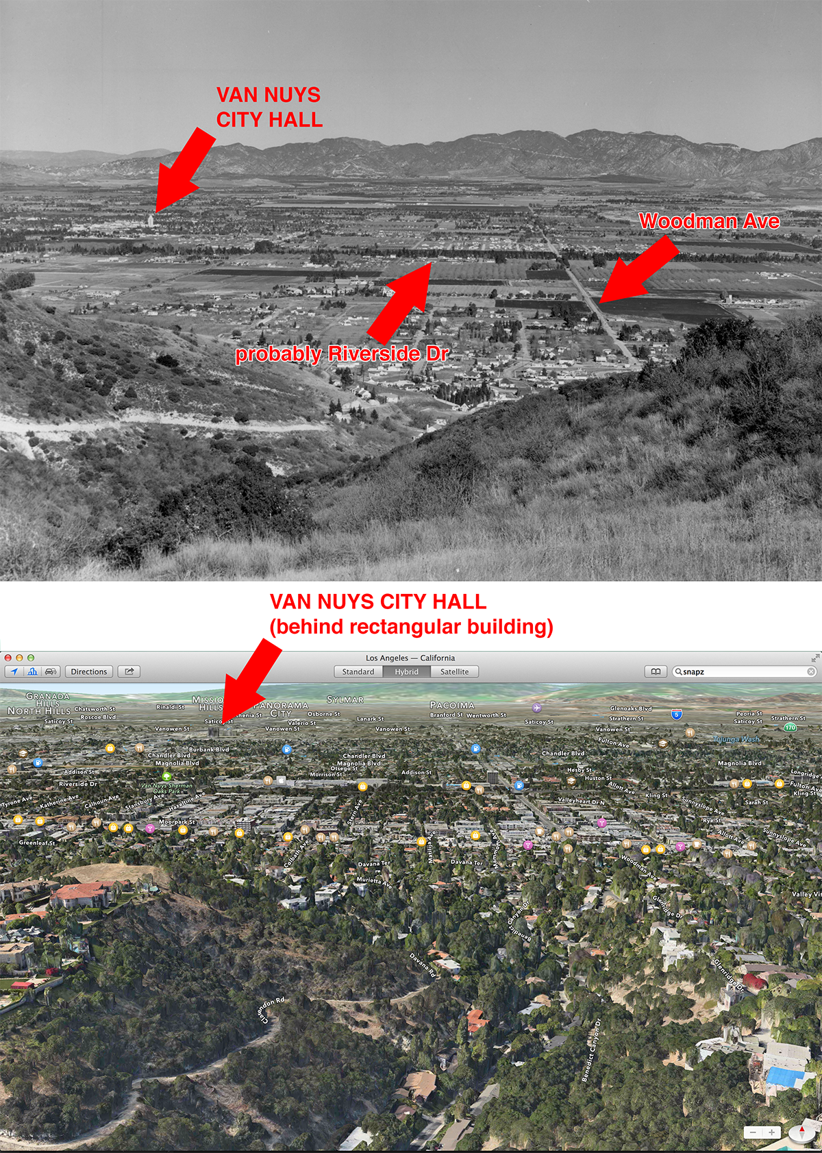 The USC archives just tweeted the top photo. I’m pretty sure the bottom photo is the modern vantage point, as screengrabbed from Apple Maps.