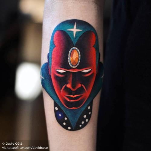 By David Côté, done in Montreal. http://ttoo.co/p/35802 contemporary;davidcote;facebook;fictional character;film and book;forearm;marvel character;marvel;medium size;patriotic;pop art;the avengers;twitter;united states of america;vision