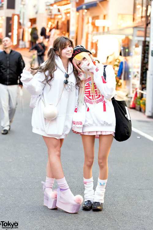 tokyo-fashion:  Akae (18 with twintails) and Jyuria (19 with mask) on Cat Street in Harajuku both wearing oversized sweatshirts from Spinns. Akae’s look also includes Swankiss platforms, a Chanel bag, a Kill Star necklace, and WEGO backpack. Jyuria’s