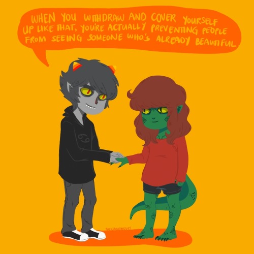 When I get really sad about my eczema I like to self-insert myself in this particular scene in Homestuck and that usually makes me feel better because Karkat. I had to cover myself up (in this fucking heat) for a long time because of this and I’d