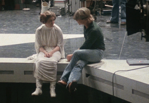 tatooineknights:Carrie Fisher &amp; Mark Hamill having fun on the set of Star Wars (1977)