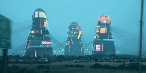 scifiseries:Grid towers, somewhere near Stockton (by Simon Stalenhag)