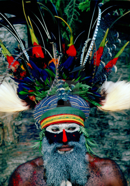 Bearded tribesman wearing war paints and feathered headdress during a gathering of tribes at Mount H