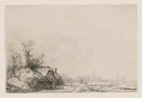 Cottages beside a Canal with a Church and Sailing Boat, Rembrandt Harmensz. van Rijn, c. 1645, Minne