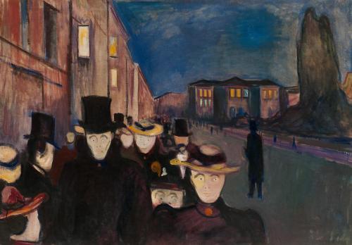 alaspoorwallace:Edvard Munch (Norwegian, 1863-1944), Evening on Karl Johan Street, 1892. Oil on canvas, 84.5 x 121 cm; Kode Art Museums, Bergen, Norway