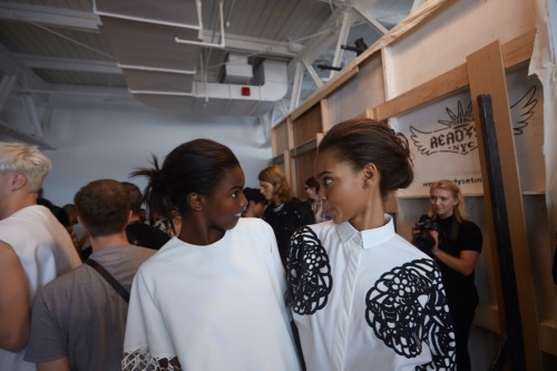 Fun faces with Leomie Anderson and Samantha Archibald backstage at the KYE SS15 Fashion Show in New 