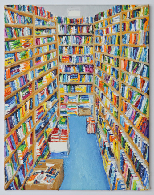 doomhope:damplaundry:Katharina Gierlach[Image ID: A painting of an aisle between two bookshelves fil