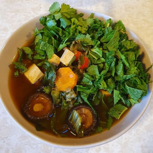 Vietnamese Inspired Soup  cook in pan: 4 stalks spring onion chopped 3 cloves minced garlic then add