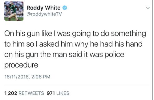 blackmattersus:  Cop sees a black man and automatically grabs his gun like that’s what they are taught to do. Prejudice is dangerous.   I’ve seen that so many times when I get pulled over that I don’t even blink anymore.