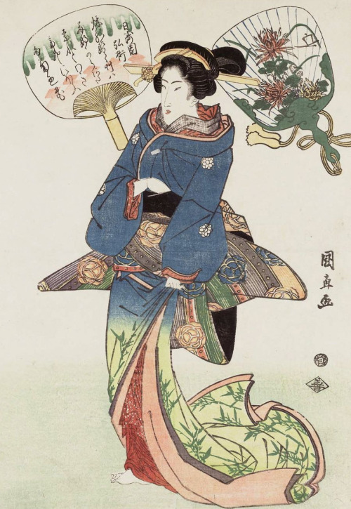 Beauty and fans.  Ukiyo-e woodblock print, 2nd quarter 19th century, Japan, by artist Utagawa K