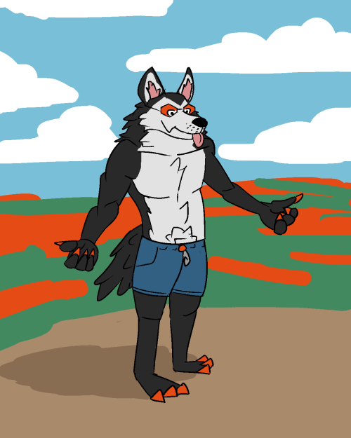 Shirtless wolfish furry standing in a field of strawberries.