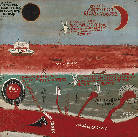folkartfiend:American visionary Howard Finsters painting “And the moon became as blood”