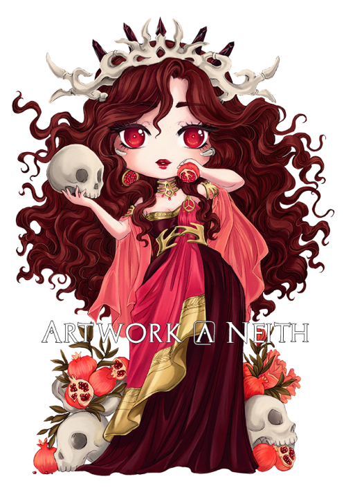 Chibi version of a set of illustration I’m working onFeaturing Persephone, Melinoe, Hades and Macari