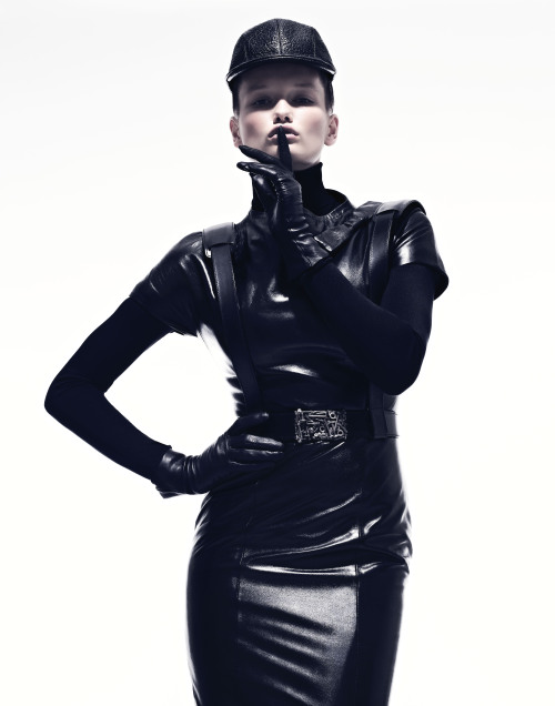 designerleather:  Katerina Netolicka - DSquared2 leather dress, Loewe leather cap