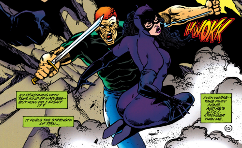 panel from Catwoman vol 2 #53 showing Catwoman in her purple catsuit fighting with a guy in a black t-shirt and jeans, she's elbowing him in the face with her hip thrust toward his crotch and bent at her butt 90 degrees to her back, her legs are going the opposite direction like she's doing a butt thrust