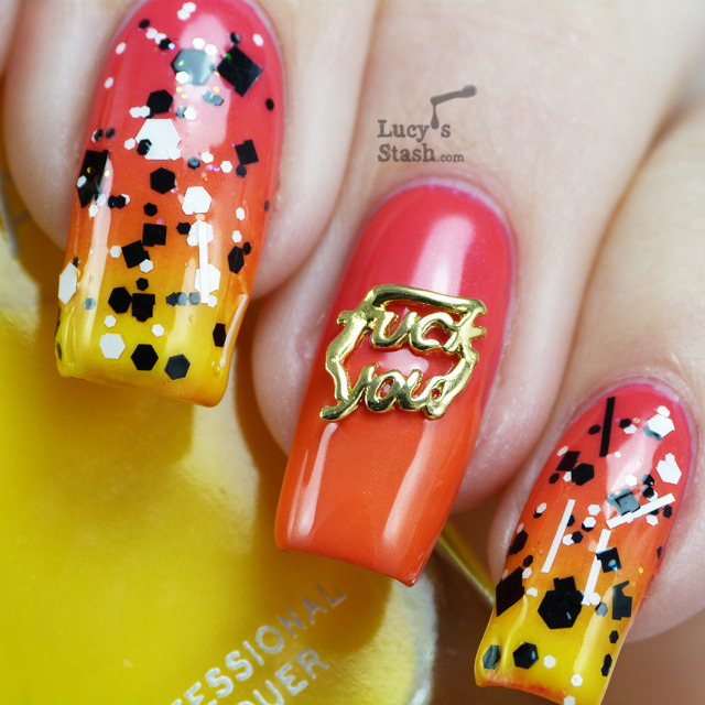 Sunset Gradient Nail Art with Sticks ‘n’ Stones glitter &amp; Hex jewelry charm and video tutorial! http://bit.ly/1521zjM