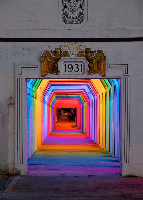 sixpenceee:Rainbow lights installed inside railroad underpass built in the 1930’s.