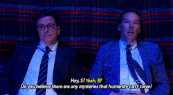 tree-leaves-blue:Benedict &amp; Stephen discuss Sherlock during ‘Big Questions with even Bigger Stars’ on The Late Show with Stephen Colbert 5.18.18 [other gifset]