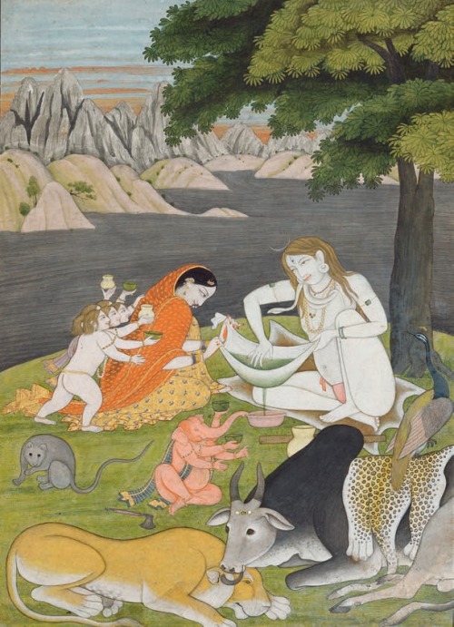 Shiva´s family making bangh, miniature painting