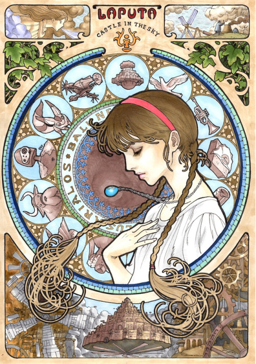 miyazakimoonprincess:  Miyazaki/ Mucha/ Art Nouveau Inspired art by Pixiv user marlboro. Found on this article. Very awesome art. My fav’s are Kiki and Castle in the Sky… 