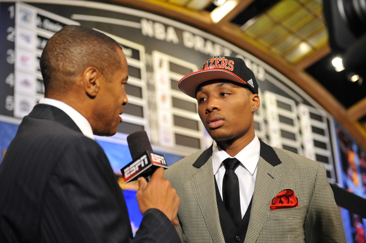 NEWARK, NJ - JUNE 28: Damian Lillard is being interviewed after being selected number six overall by the Portland Trail Blazers during the 2012 NBA Draft at the Prudential Center on June 28, 2012 in Newark, New Jersey. NOTE TO USER: User expressly...
