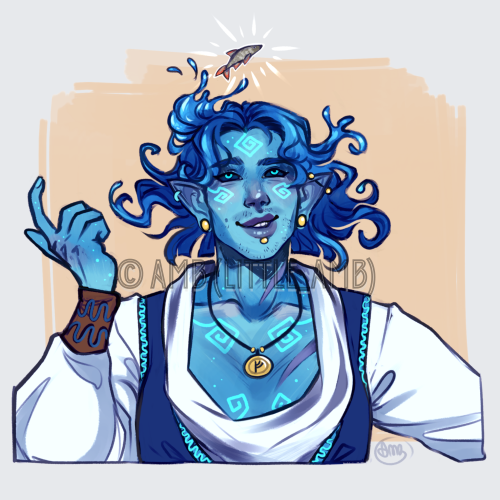 Small art dump of my water genasi DMPC in a D&D game I run, Svend aka “Newt” :)