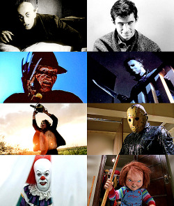 beaufortplace:  Happy Halloween – Horror movie icons Nosferatu (Nosferatu) / Norman Bates (Psycho) / Freddy Krueger (A Nightmare on Elm Street) / Michael Myers (Halloween) / Leatherface (The Texas Chainsaw Massacre) / Jason Voorhees (Friday the 13th)