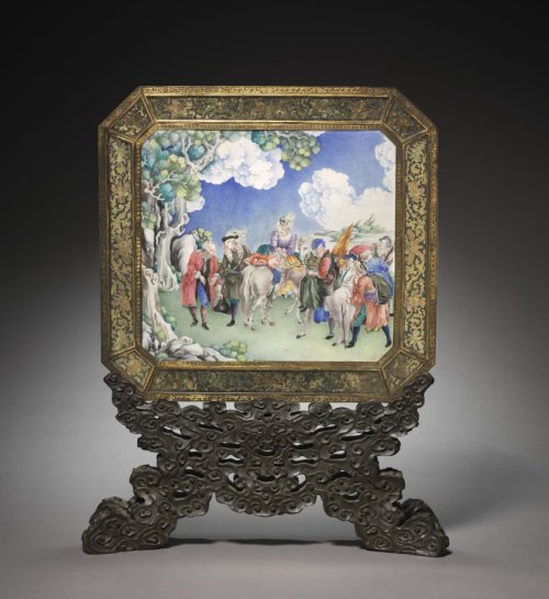 Screen with European Figures (obverse) and Landscape (reverse) with Stand, 1736-1795, Cleveland Muse
