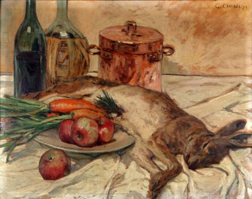 ceciliaiacopetti:Galileo Chini, Natura morta con lepre, mele, carote, pentola e bottiglie, 1921