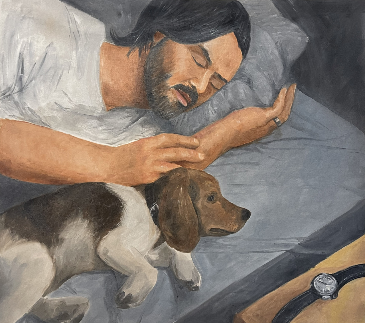 John & Daisy In Bed. 2022. Oil on canvas.